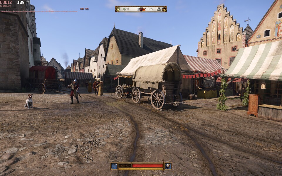 Selbst im großen, dicht bevölkerten Kuttenberg erreicht das Notebook hohe Bildraten. Mit DLSS sogar über 100 FPS.