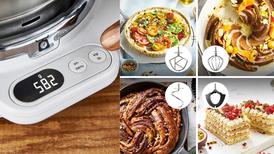 Perfekt zum Backen: Eingebaute Waage und Timer helfen euch, den Teig zu rühren. Die vier verschiedenen Aufsätze decken ein riesiges Anwendungsgebiet ab.