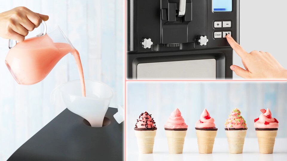 Was schon fast wie ein Kaffee-Automat aussieht, ist der starke Klarstein Sweet Swirl. Perfekt für eine kleine Eis-Pause.