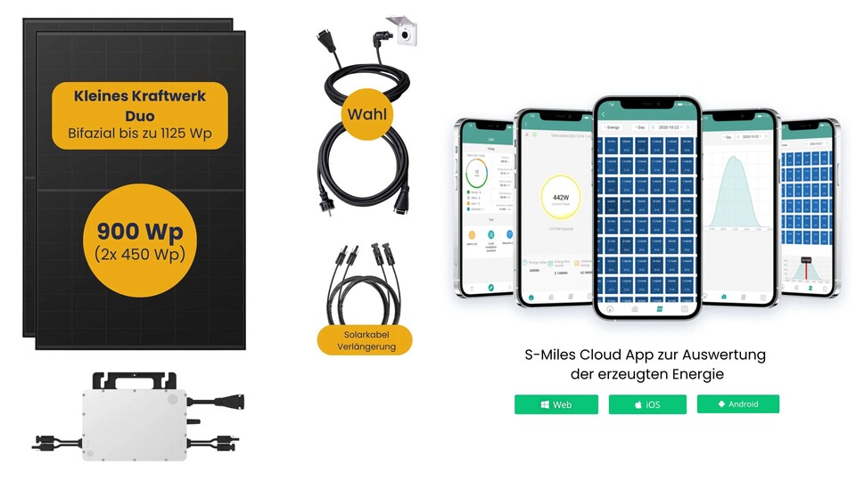 Im Lieferumfang sind neben den Solarmodulen auch ein Wechselrichter, ein Anschluss und Verlängerungskabel dabei. Mit der S-Miles App habt ihr den vollen Überblick über euren Strom.