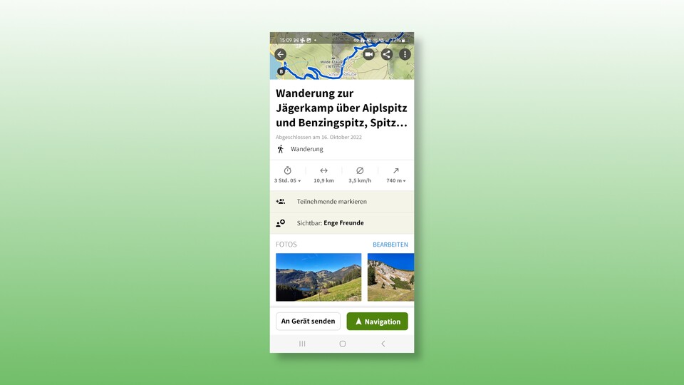 Beendete Touren können gespeichert, mit Bildern versehen und mit Freunden oder der Community geteilt werden.