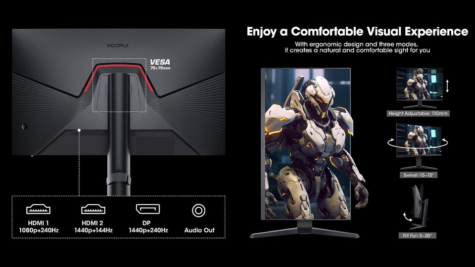 Der KOORUI Monitor ist dreh-, neig- + schwenkbar und ist VESA-kompatibel.