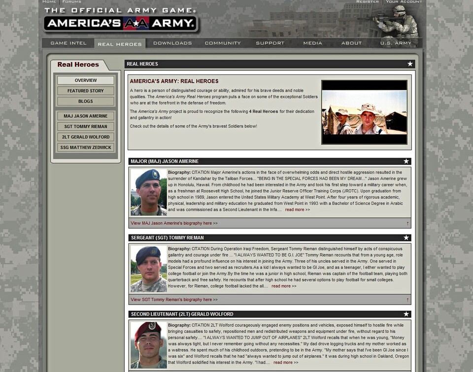 Auf der Website von America’s Army werben US-Soldaten für das Spiel und damit für den Armeedienst. Wer will, kann sich sogar direkt im Spiel verpflichten.