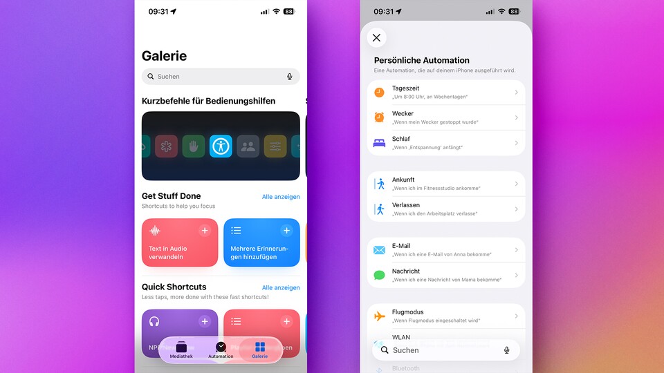 Für mich hat die Kurzbefehle-App zwei Schwachstellen: Die Galerie ist zu unübersichtlich vor lauter Möglichkeiten, das Erstellen eigener Automationen durch die Vielzahl an Triggern zu komplex. (Bildquelle: GameStar Tech)