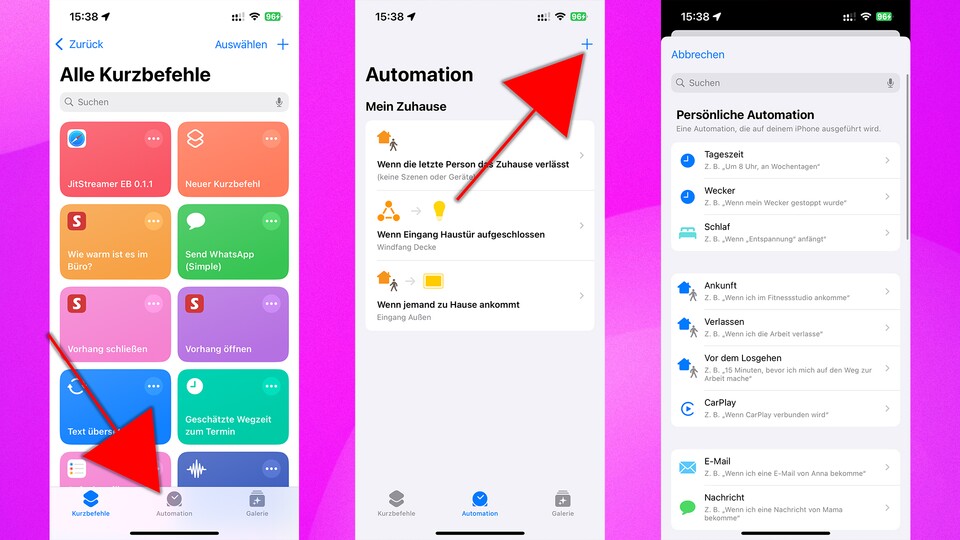 Die Trigger findet ihr in der Kurzbefehle-App unter »Automationen« und im Anschluss über das »+«-Symbol. (Bild: GameStar Tech)