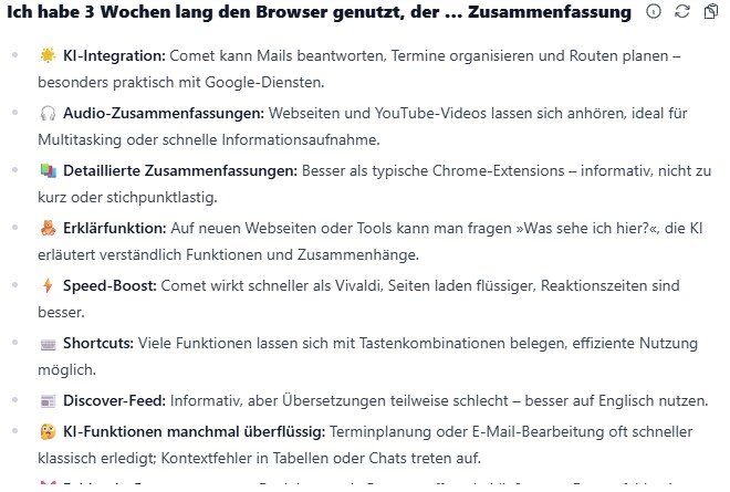 So sieht die Zusammenfassung einer meiner vergangenen Artikel aus, wenn ich den vordefinierten Prompt verwende. Es ist beim besten Willen nicht schlecht, doch was ihr hier seht, ist nicht mal alles. Insgesamt waren es 10 Stichsätze.