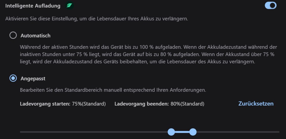 Bei einigen Laptops könnt ihr frei einstellen, wie weit der Akku geladen werden soll.