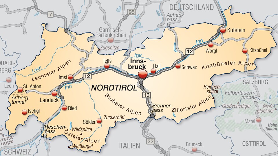 Der Brennerpass sticht sichtlich direkt gen Süden von Innsbruck durch die Alpen. IN etwa parallel zu der eingezeichneten Autostrecke entsteht auch der neue Tunnel. (Bildquelle: Adobe Stock, Artalis-Kartographie)