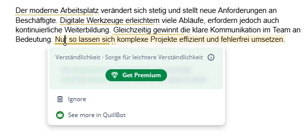 Ich habe von einer KI schnell mal einen makellosen Absatz erstellen lassen, um auszuschließen, dass es tatsächlich an meinen Texten liegt, und siehe da: Auch der generische Text der KI hat laut QuillBot in jedem Satz Probleme mit der Verständlichkeit. (Bildquelle: Jan S., GameStar)