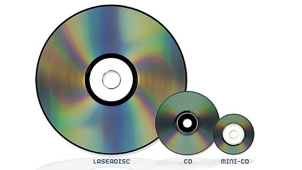Eine Laserdisc im Größenvergleich zu CD und Mini-CD.