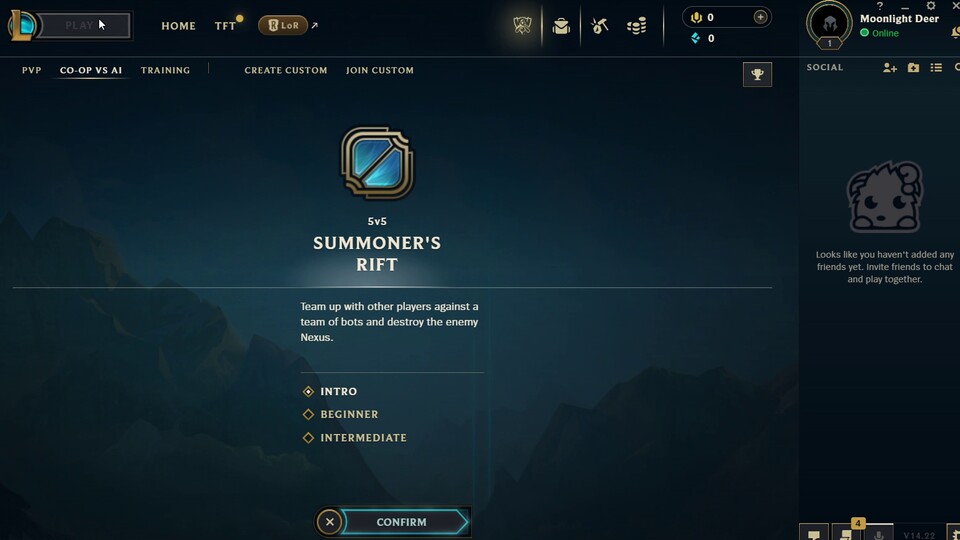 League of Legends bietet eine Vielzahl an Modi. CO-OP vs AI ist super, wenn ihr als Anfänger erstmal ein Gefühl für das Spiel bekommen wollt.
