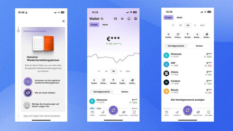 Von Links nach rechts: Einrichtungsprozess, App-Dashboard und Portfolioübersicht der App.