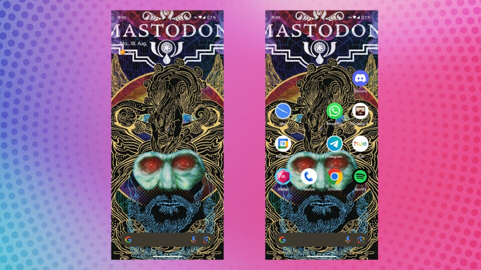 Links seht ihr meinen leeren Startbildschirm und rechts das zweite Hintergrundregister mit den wichtigen Apps. (Das Artwork des Hintergrundes ist übrigens von der Band Mastodon, die ich an der Stelle nur jedem ans Herz legen kann)