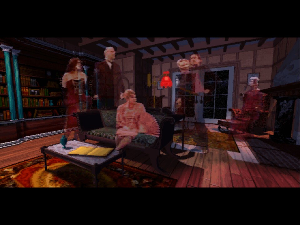Die sechs Hausgäste beraten sich in der Bibliothek. Um die dürftige Digitalisierung zu erklären, wurden die Charaktere als Geister deklariert und transparent gemacht.