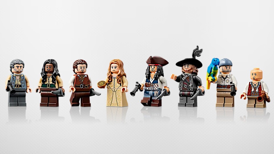Mit dabei sind von links nach rechts: Gibbs, Anamaria, Will Turner, Elizabeth Swann, Captain Jack Sparrow, Barbossa, Cotton und Marty.