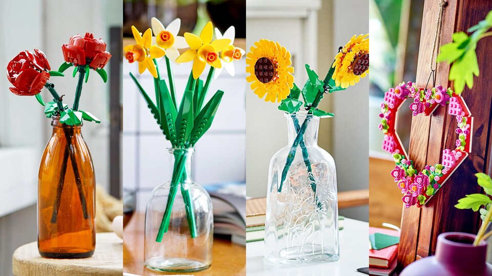 Rosen, Narzissen, Sonnenblumen und ein herzförmiger Blumenkranz. Wer keinen Strauß will, kann sie auch einzeln in eine Vase stecken!