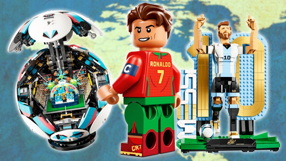 Ronaldo als Minifigur, ein größeres Modell von Messi oder ein schicker Fußball mit verstecktem Stadion im Inneren gehören zu Legos WM-Repertoire dazu. (Bildquelle: Lego)