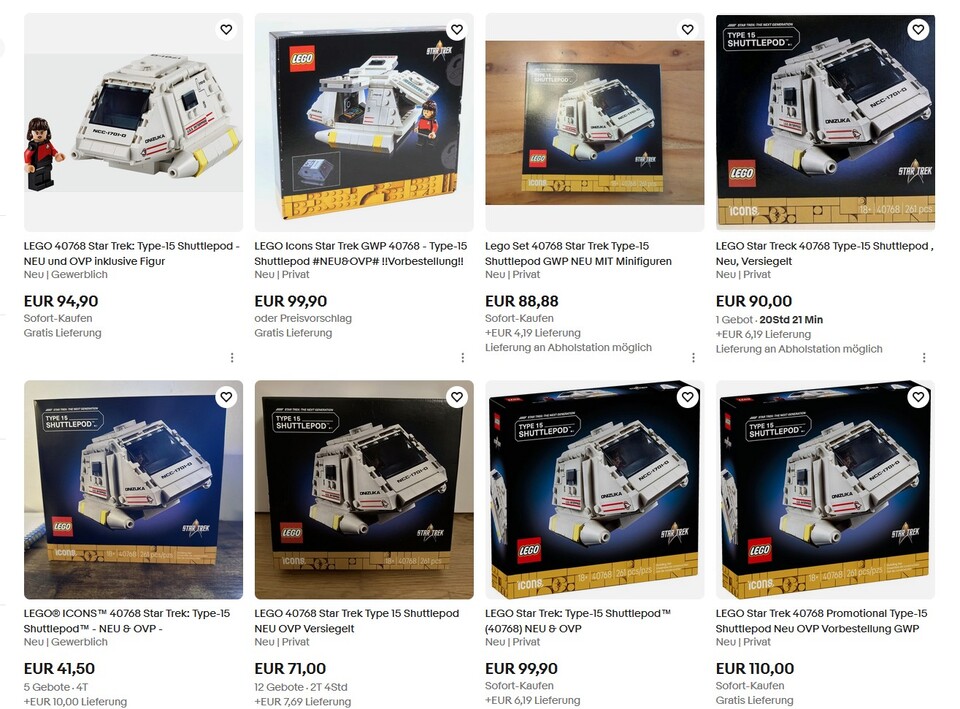 Aktuell scheint sich der Preis für das Type-15 Shuttlepod zur Lego Enterprise auf Ebay bei einem Weiterverkaufswert von 90 Euro einzupendeln.