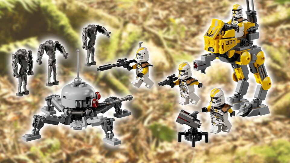 Vier Truppen und ein gelber AT-RT treffen auf drei Super-Kampfdroiden und einen Zwergspinnendroiden.