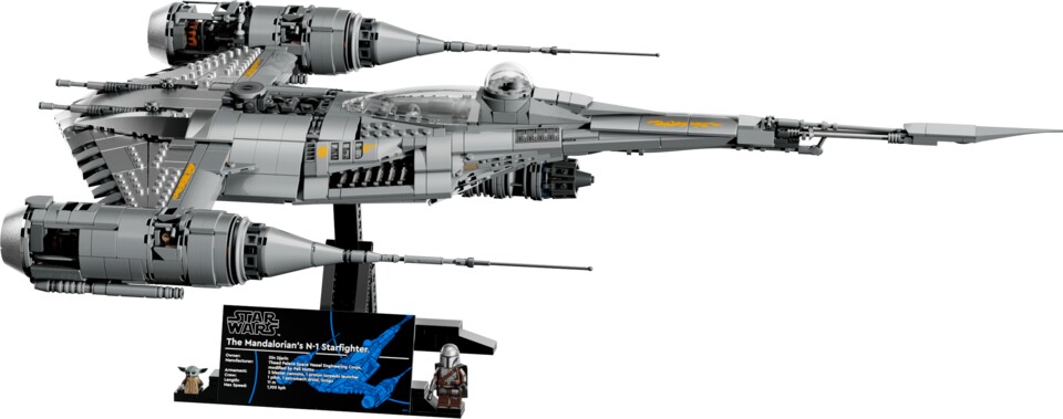 Der N-1 Starfighter kommt in der UCS-Variante mit zwei Minifiguren, dem Mandalorianer und Grogu. Bildquelle: Lego.