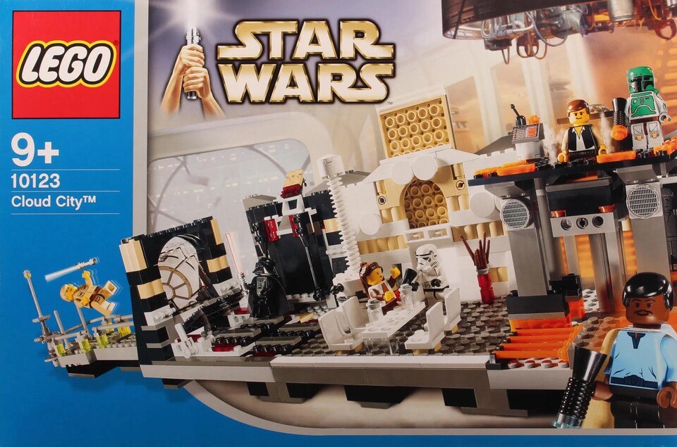 Die Lego-Wolkenstadt von 2003 besteht aus einem Esszimmer, einem Raum für die Carbon-Einfrierung von Han Solo, einem Reaktor-Rumpf, einem Flur und einer Landebahn für Boba Fetts Raumschiff. Bildquelle: Merlins Steine.