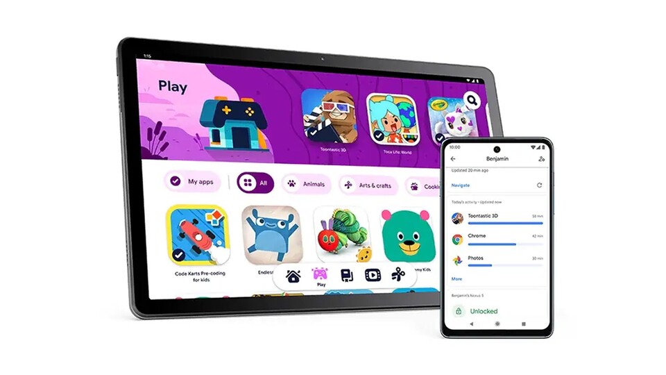 Dank vorinstalliertem Google Kids Space können auch eure Kinder gefahrlos mit dem Lenovo Tab M10 umgehen.