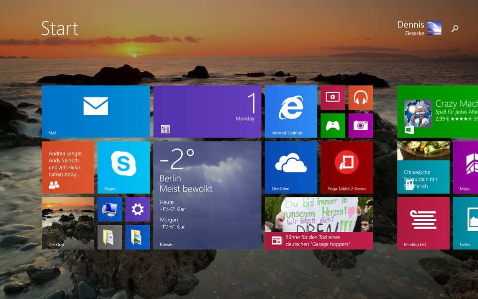 Hat auf dem Tablet im Gegensatz zum Desktop-PC seine Vorteile: Das gekachelte Startmenü von Windows 8.