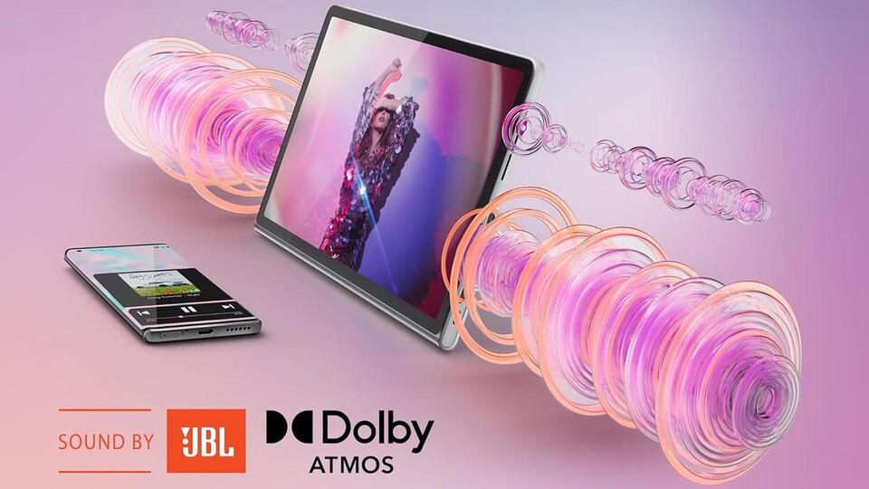 Satter Sound dank acht integrierter JBL-Lautsprecher: Das Lenovo Tab Plus wird im Handumdrehen zur portablen Soundbox.