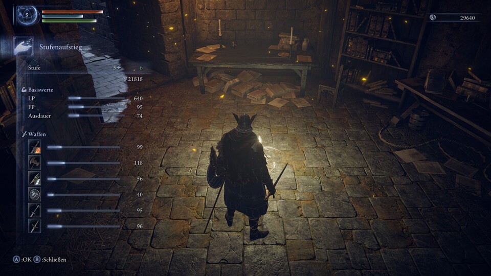 Leveln könnt ihr wie gewohnt an Orten der Gnade. Anders als im Hauptspiel müsst ihr euch aber nicht hinsetzen und könnt das im Vorbeilaufen mitnehmen. Das Spiel verteilt die Punkte auch automatisch auf die Attribute.