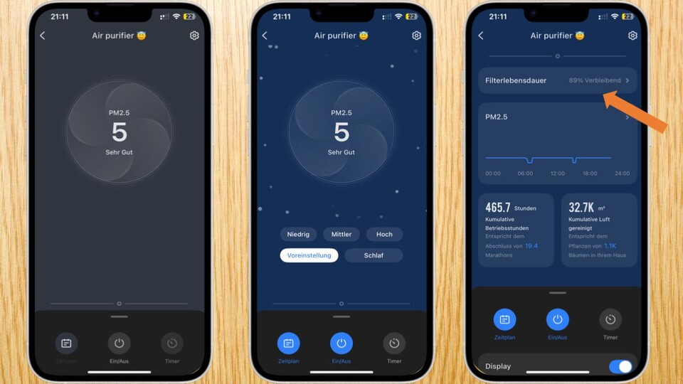 Links: Der Luftfilter ist inaktiv, aber zeigt dennoch einen Sensorwert an. Mitte: Der Luftfilter ist an, das Display bewegt sich. Rechts: Der Luftfilter gibt euch weitere Infos. Der Pfeil highlighted die Lebensdauer des Filters.