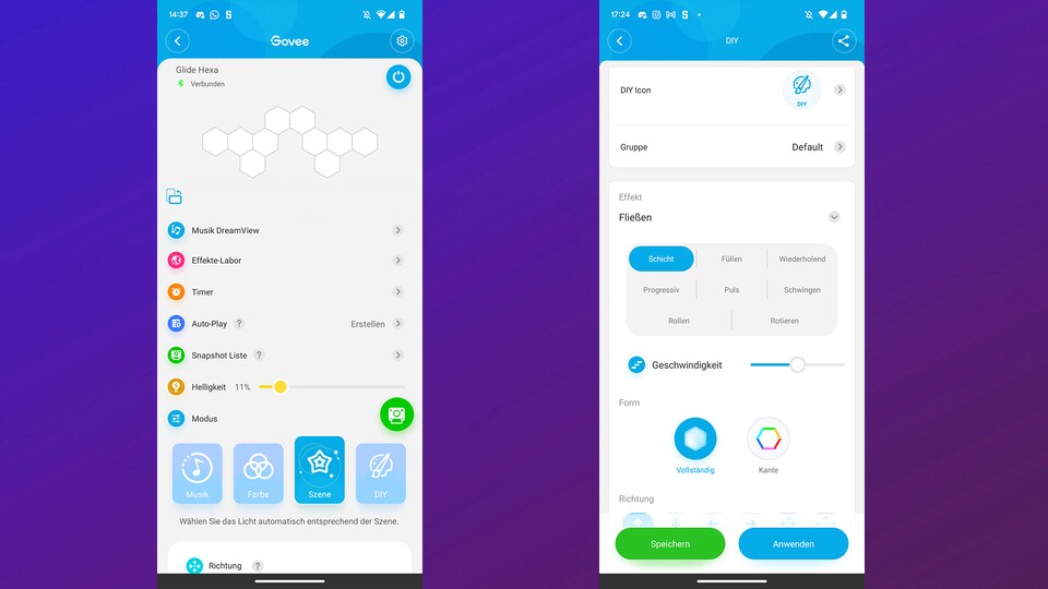 Die Einstellungsmöglichkeiten, der Komfort und die vielen Effekte machen die govee-App zum Highlight der getesteten Apps.
