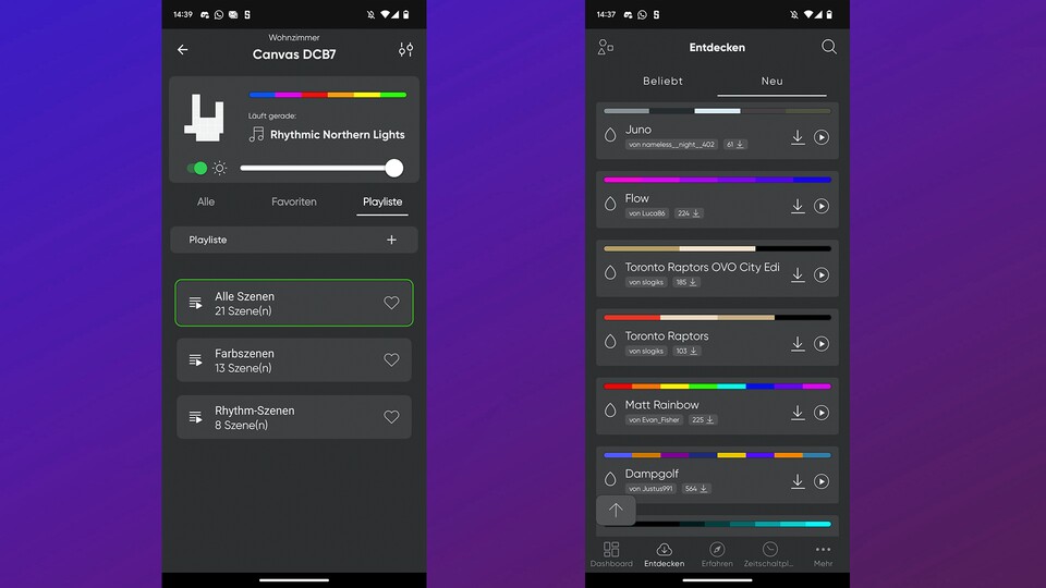 Die Nanoleaf-App bietet euch eine ganze Reihe an vorgefertigten Farbverläufen an und lässt sie euch in Playlisten speichern.