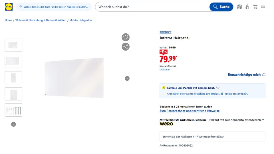 Angebot bei Lidl: Eine Infrarotheizung, die ihr per Steckdose an die Wand basteln könnt. Für nur 80 Euro ist das durchaus günstig.
