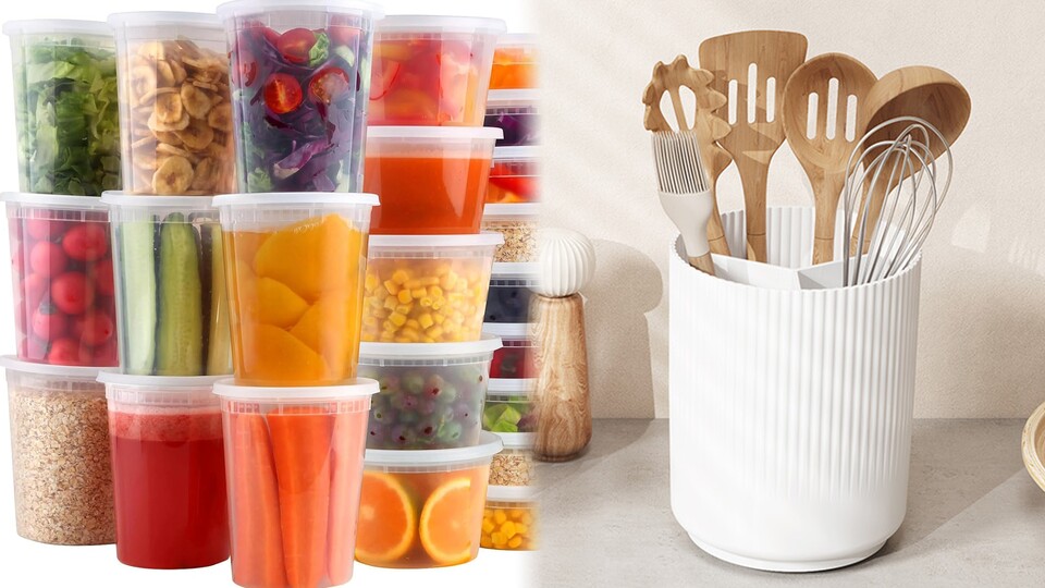 Praktisches Küchenzubehör muss nicht teuer sein: Vorratsdosen und Utensilienhalter sind günstig und machen das Kochen so viel angenehmer.