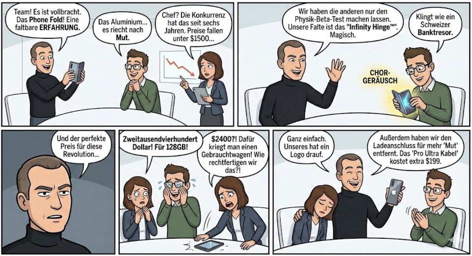 Hier sieht man einige Schwächen von KI. Unsinniger Text, inkonsitente Charakterdarstellung und »perfekte« Linienführung. (Bildquelle: Generiert mit Nano Banana)