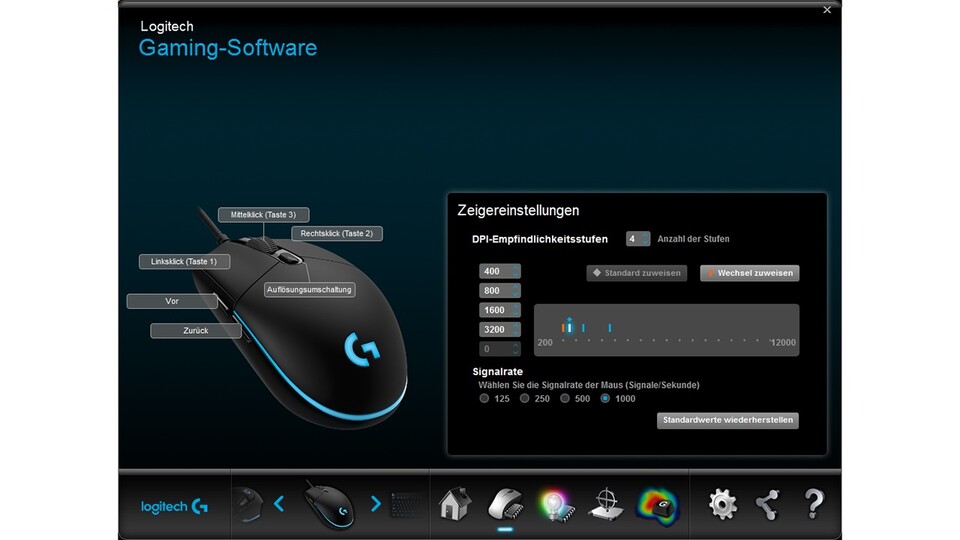 Alle Einstellungen speichert die G Pro Gaming im internen Speicher, sodass sie auch an anderen PCs ohne Logitech-Treiber mit den gleichen Settings funktioniert. 