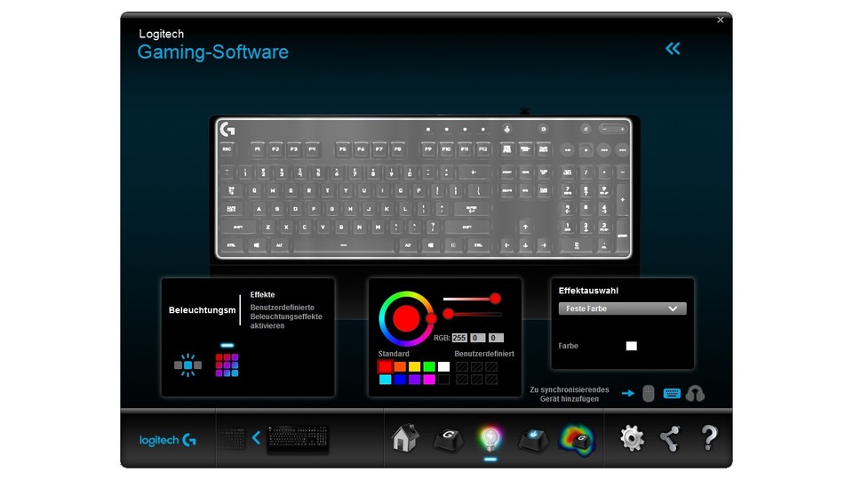 Über die Logitech Gaming Software regeln Sie unter anderem die RGB-Beleuchtung der G213, entweder mit Effekten für alle Tasten oder in fünf verschiedene Tastenbereiche eingeteilt.