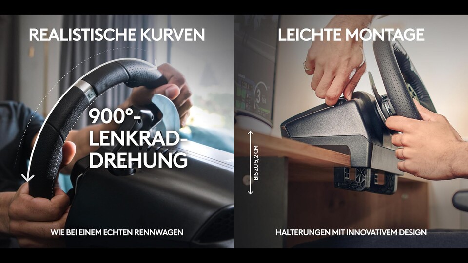 Dank der stabilen Klemmen könnt ihr das Lenkrad sicher an eurem Schreibtisch oder Rennsitz befestigen.
