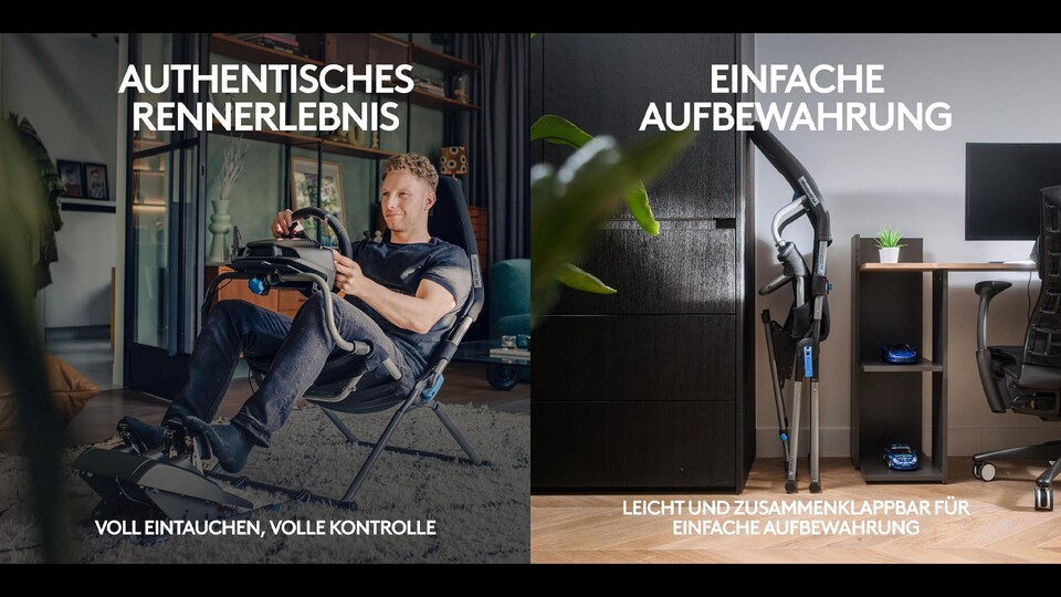 Der neue Rennsitz von Logitech macht das Sim-Setup erst richtig komplett. Seid ihr fertig mit der Zeitenjagd, könnt ihr ihn platzsparend zusammenfalten.