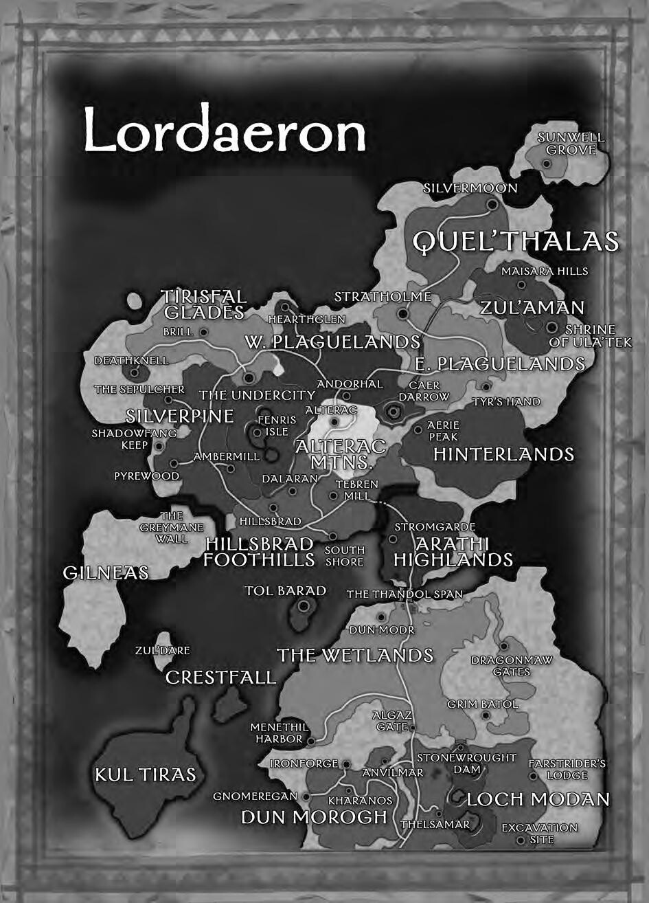 Die Insel Kul Tiras war auf der Karte von Loradaeron eingezeichnet (links unten), die dem Originalspiel beilag. Doch seit dem dritten Addon ist sie verschwunden. 