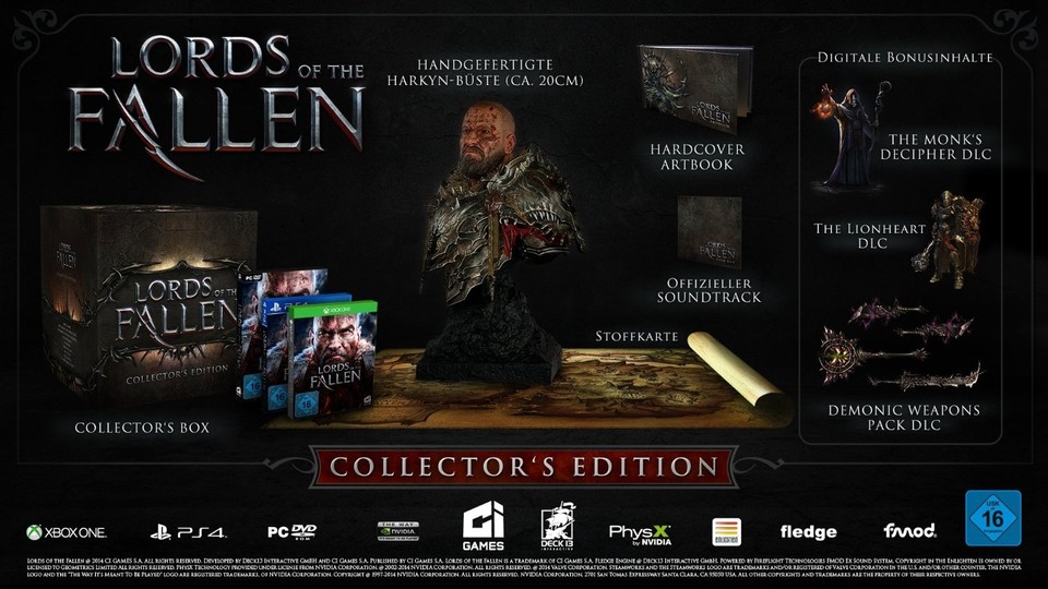 Das sind die Inhalte der Lords of the Fallen Collector's Edition, die für PC, Xbox One und PlayStation 4 verfügbar sein und 150 Euro kosten wird.