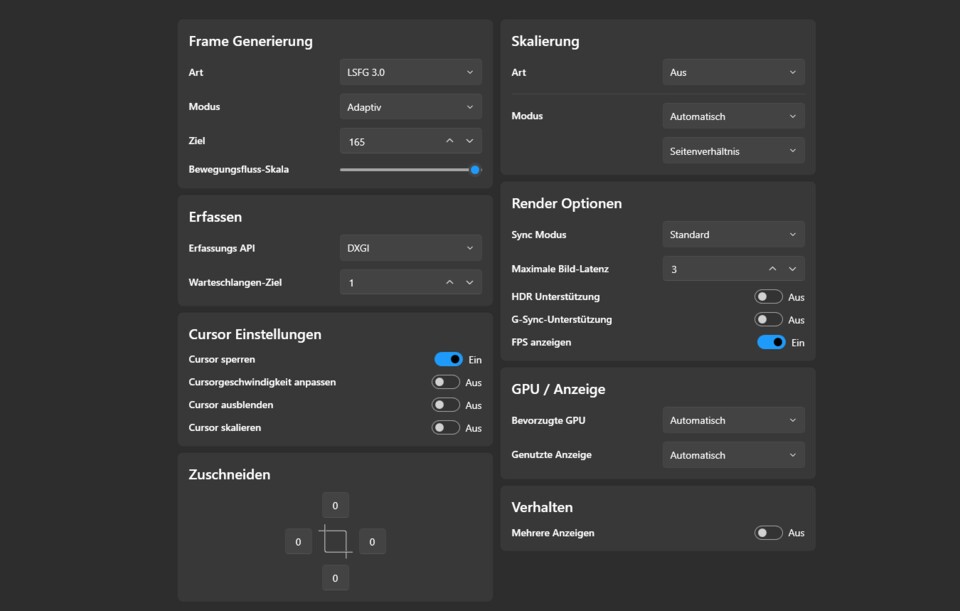 Oben links seht ihr die Einstellungen zur Frame Generation. Hier wählt ihr die Ziel-FPS aus, wenn ihr das adaptive Generieren nutzt.