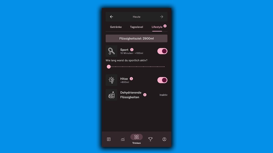 Wer schwitzt, muss natürlich auftanken. Die App sagt einem, wie viel.