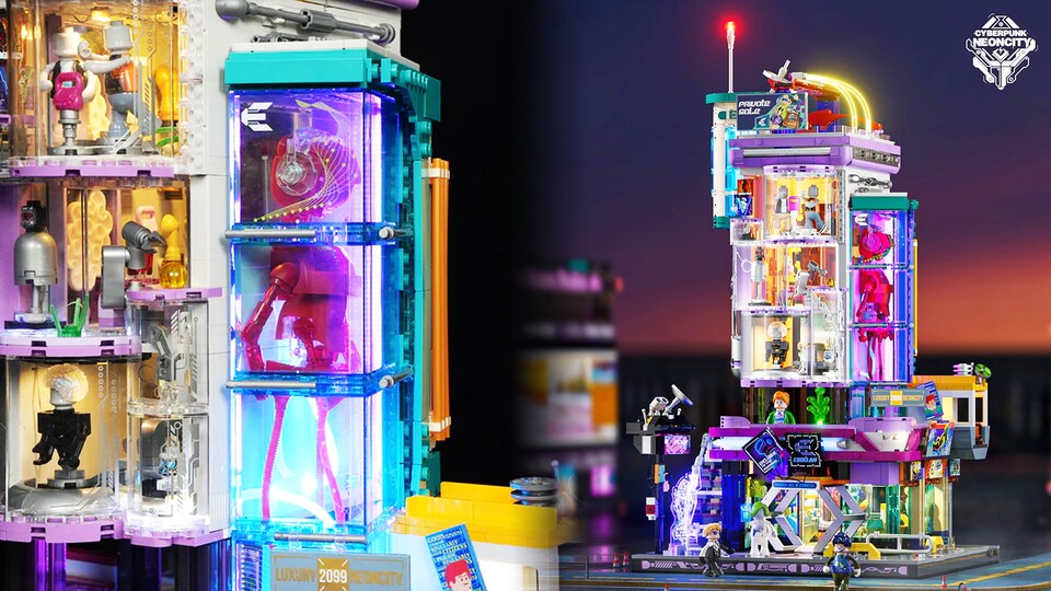 Hoch hinaus und voller Licht: Die Cyberpunk-City ist voll mit kybernetisch modifizierten Menschen, und irgendwo müssen sie ihre Bionik herbekommen.