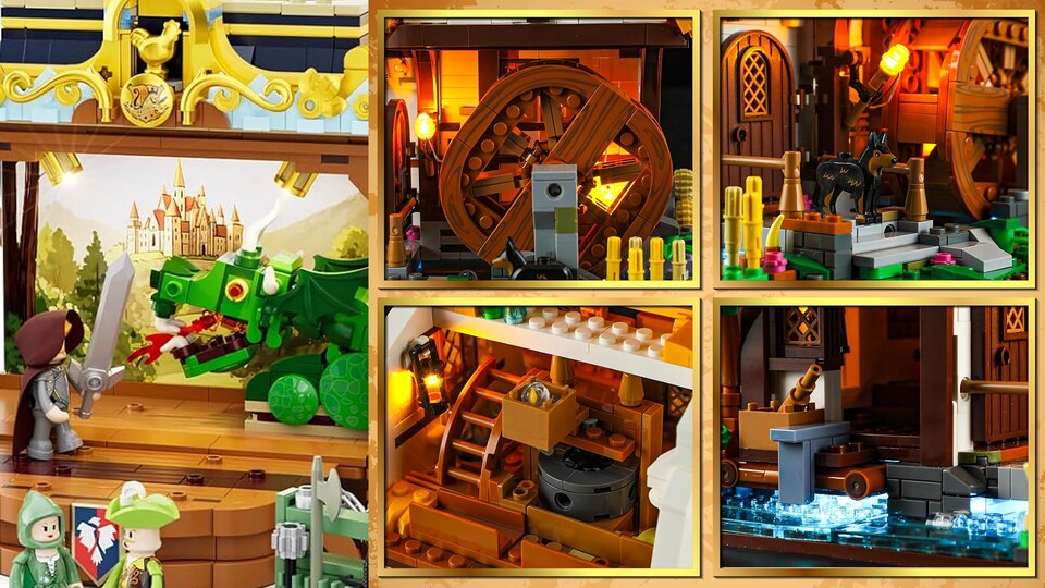 Bedruckte Holztexturen beim Wasserrad, Embleme über der Theaterbühne und süße Wauwaus. Die Details bei Lumibricks sind absolute Spitzenqualität.