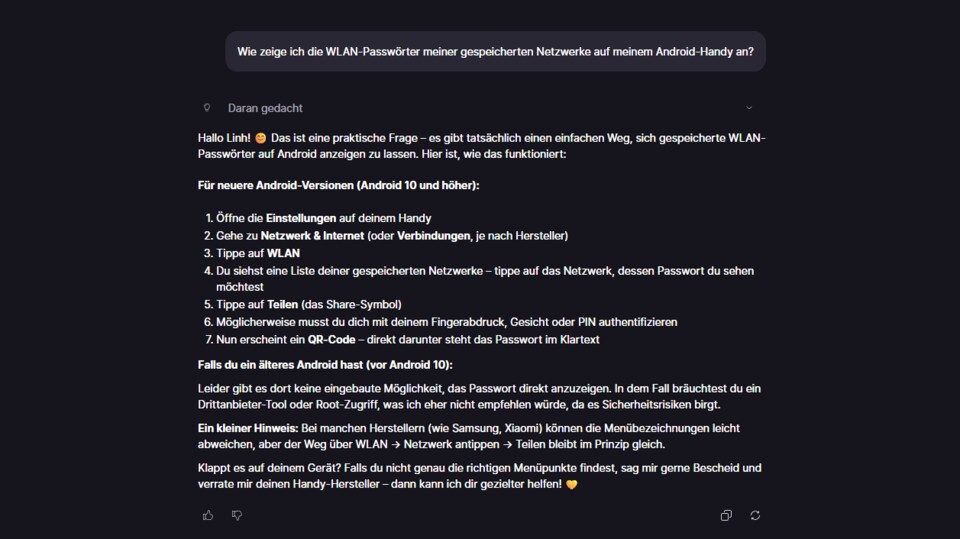 Ein Beispiel-Chat aus Lumo. Sollten Informationen nicht akkurat sein, können sie mit einem Daumen-Runter bewertet werden.