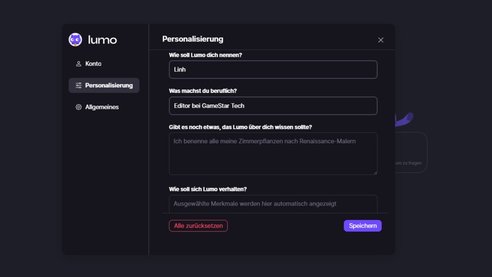 Über die Personalisierung können Lumos Antworten für alle eure Chats angepasst werden.