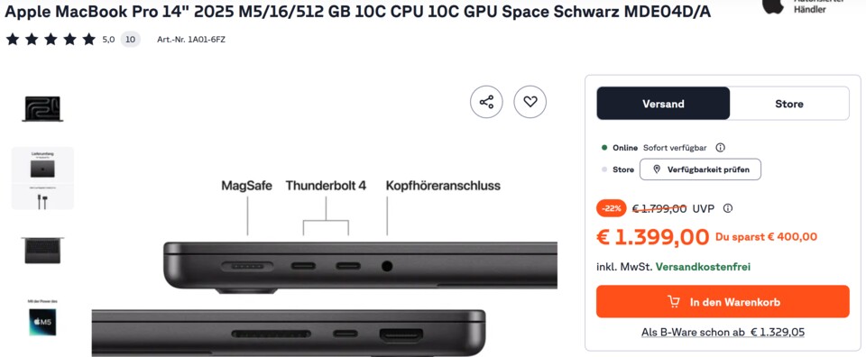 Die aktuelle Einstiegskonfiguration des kleinen MacBook Pro sollte für die allermeisten Anwender völlig ausreichen. (Bildquelle: Cyberport-Shop)