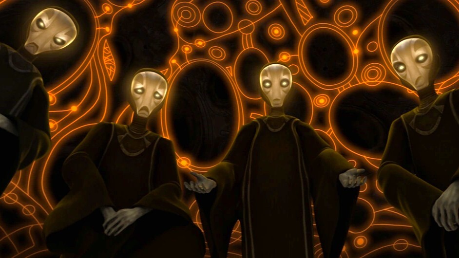Vier der fünf Machtpriester in ihrer Begegnung mit Meister Yoda in Star Wars: The Clone Wars.