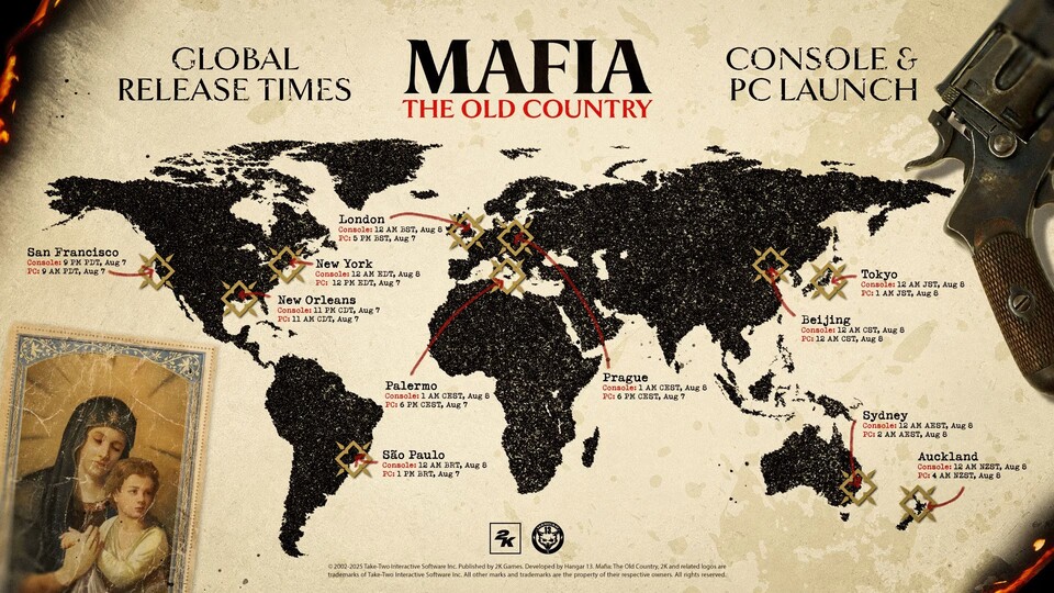 Zum Release hat Hangar 13 die globalen Startzeiten von Mafia: The Old Country in einer praktischen Infografik zusammengestellt. So wisst ihr immer, wann ihr ins neue Mafia-Abenteuer einsteigen könnt.